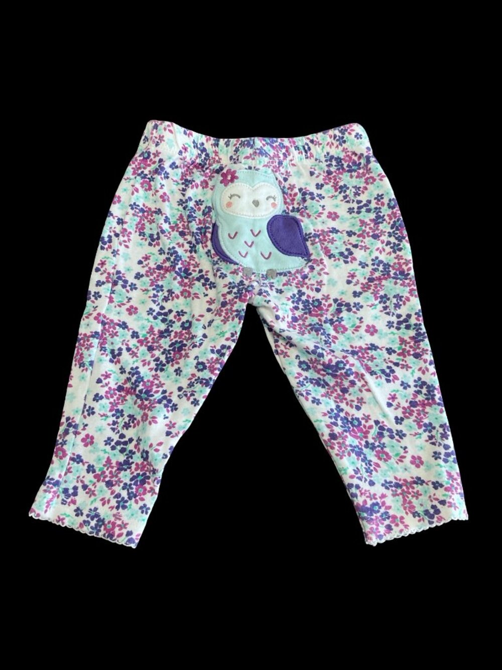 👣 10/$25 - Pink/Purple/Blue Floral Print Pants w/ Owl Applique